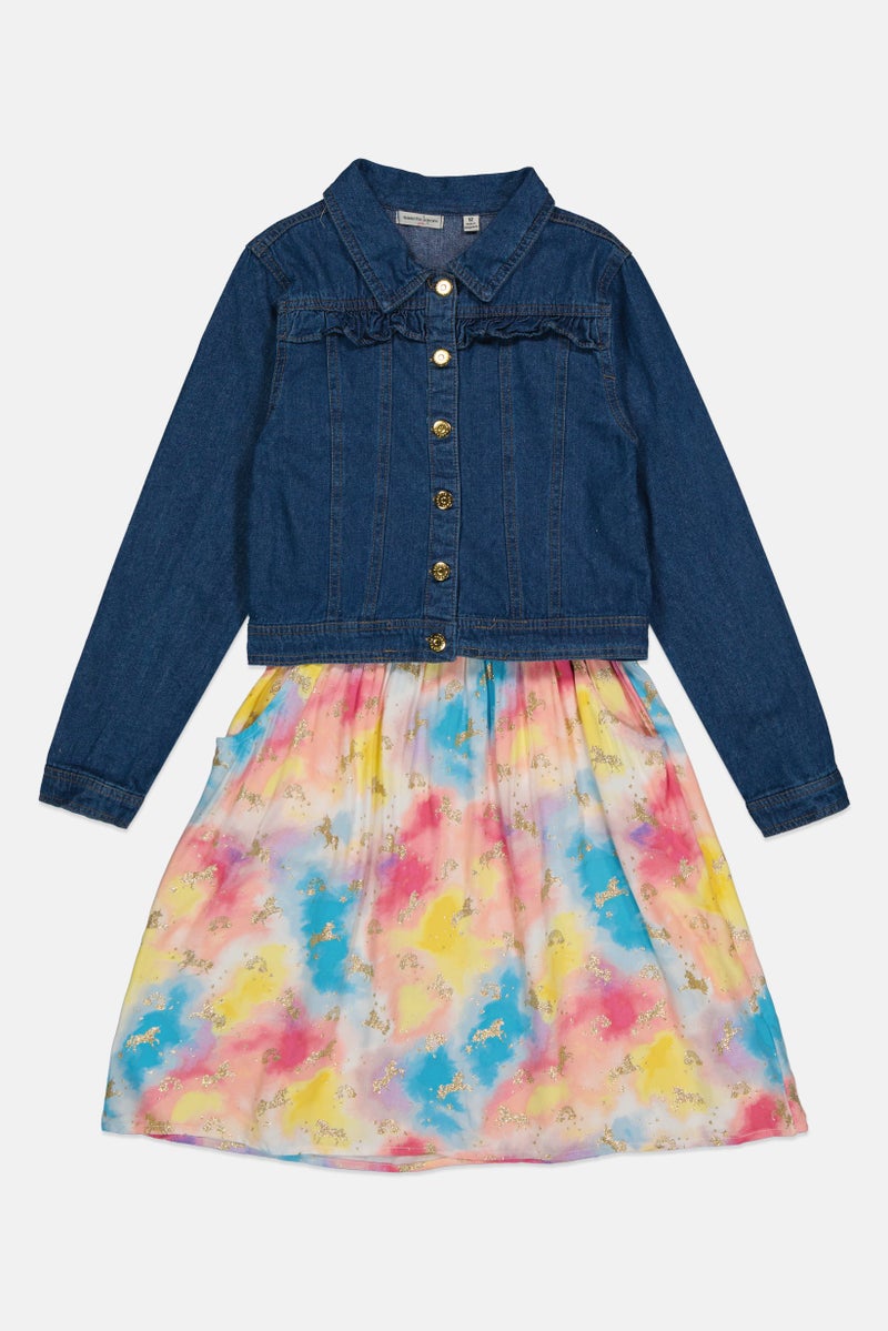 Nanette lepore Kids Girl 2 Pcs Printed Dress And Denim Jacket Set, Multicolor - Image 2